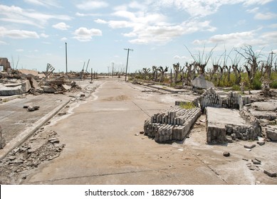 
Abandoned City. City Abandoned By A Flood, In A Peculiar Ghost Town. Ruined Houses. Desolate Landscape.