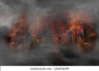 Abandoned city and rusted building burned in a flaming fire, concept of war