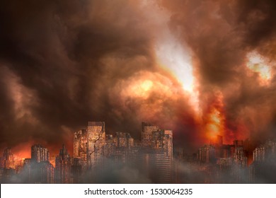 Abandoned city and rusted building burned in a flaming fire, concept of war and destroyed city