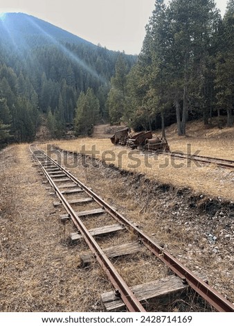 Abandoned coal mine with rusty minecarts and railroad in a mountain forest shiny sky