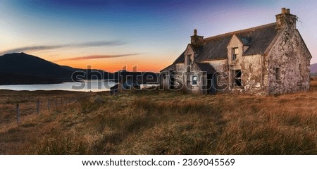 An abandoned cottage at Airidh a Bhruaich on the shores of Loch Seaforth on the Isle of Lewis in the Outer Hebrides of Scotland