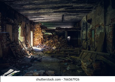 Abandoned Creepy Haunted Mansion Interior, Hall, Inside View With Perspective, Toned