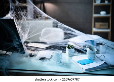 Abandoned Dark Dirty Office. Dusty Old Desk