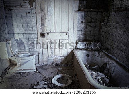 Similar – Morbid mood. A toilet bowl stands in a dilapidated house. Wallpaper and paint come off the wall and through an open window you can see a shrub