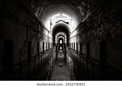 abandoned Eastern State Penitentiary, once a symbol of solitary confinement. Now a haunting historic landmark. Perfect for history, and urban exploration themes.