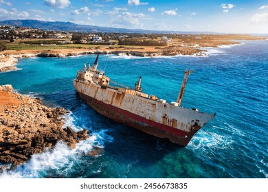 Abandoned Edro III Shipwreck at seashore of Peyia, near Paphos, Cyprus. Historic Edro III Shipwreck site on the shore of the water in Cyprus. Aerial view of Shipwreck EDRO III, Pegeia, Paphos. - Powered by Shutterstock