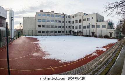 Abandoned Elementary School Stadium With Snow. School Closed Due To The Covid-19 Epidemic.