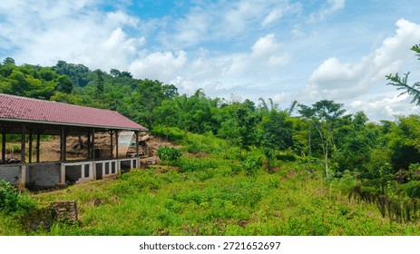 An abandoned empty building encountered while hiking a small hill in Bumiwangi, Ciparay, Bandung Regency, surrounded by nature.