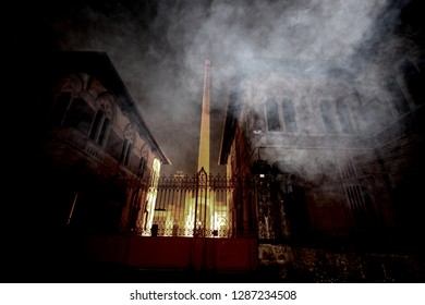 Abandoned Factory Night View With Smoke 