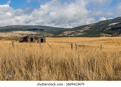 Abandoned Farm House In A Grassy Field With Mountains And Cloudy Sky In The Background In Western Canada