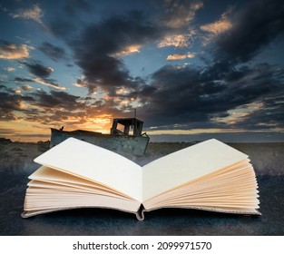 Abandoned Fishing Boat On Shingle Beach Landscape At Sunset In Pages Of Imaginary Reading Book