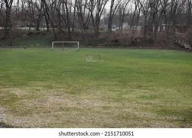 Abandoned Football Field In Rustic Area. Nostalgia Concept. No People. Exclusion Zone