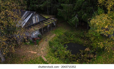 Abandoned forester's house in a deep forest. Autumn forest landscape. An aging abandoned house.