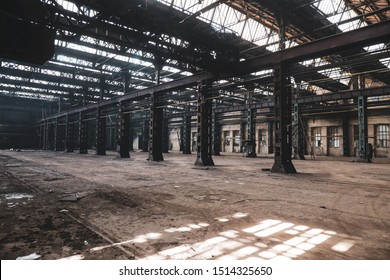 Abandoned Hall In A Dirty And Old Factory.