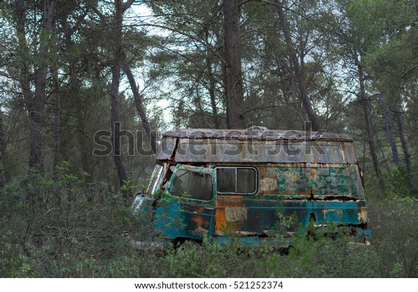 Abandoned hippie van in the\
woods