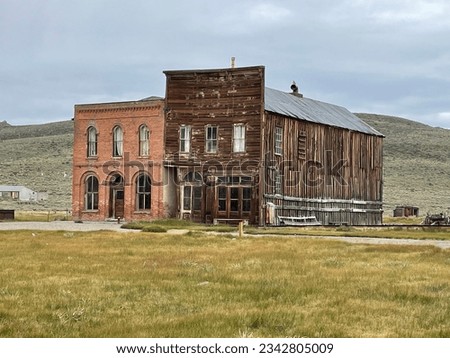 Abandoned historic buildings in Bodie, one of the best-preserved ghost towns of the California Gold Rush. Front view of two abandoned buildings, one wooden and one stone, grass in front.     