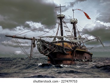 Abandoned Historic Sailing Ship In The Stormy Sea. Wooden Sailboat Sails In A Storm At Ocean. A Mysterious Boat In Stormy Waves.