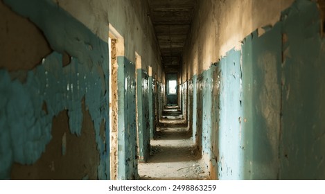 Abandoned Hospital Corridor With Peeling Paint and Dusty Floors in Autumn Light. - Powered by Shutterstock