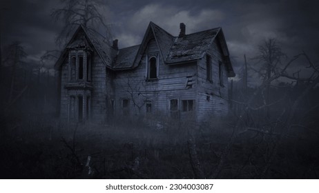 Abandoned House Among Dead Trees and Fog features an old abandoned house in a field with dead and burnt trees all around with smoke or mist rolling by.