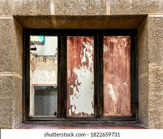 Abandoned House. Grass Growing Inside The House Without A Roof.