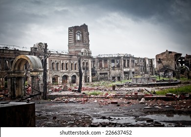 Abandoned Houses And Ruined City Wet And Muddy, Old