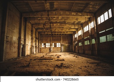 Abandoned Industrial Creepy Warehouse Inside Old Dark Grunge Factory Building, Toned