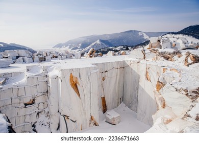 Abandoned Marble Quarry in winter Irkutsk with view of lake Baikal Siberia Russia.