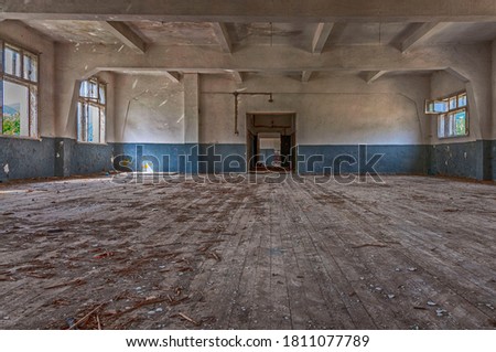 Abandoned military complex of the land forces - Peshtera, Bulgaria - gymnasium with rotten wooden floor - perespective