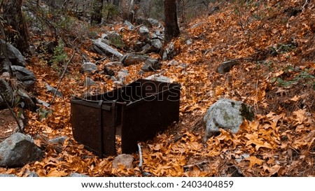 An abandoned mine's minecart in Arizona's Madera Canyon, with fall trees and leaves, not far from the towns of Sahuarita, Green Valley, Tucson, and Tubac, in Pima County, winter of 2023.