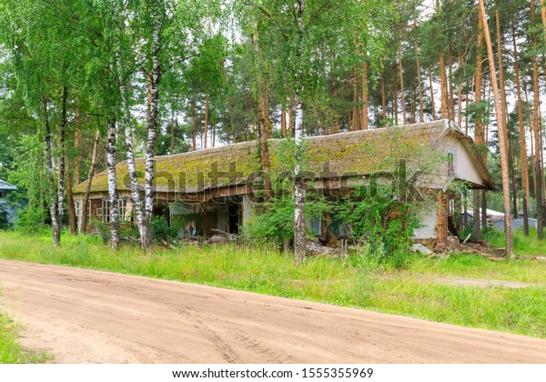 Abandoned narrow gauge
railway, village and abandoned buildings, forest and lonely road in
the middle.