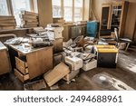 Abandoned office room with different old broken equipment and garbage