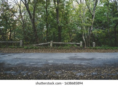 An Abandoned Old Asphalt Road In The Woods On A Mountain With An Old Collapsed Concrete Traffic Barrier. Dark And Mystical Road With Fallen Leaves. 