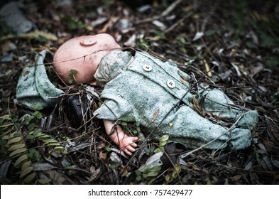 Abandoned Old Broken Baby Doll Rots In Scary Forest