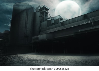 Abandoned Old Factory At Night. Halloween Background