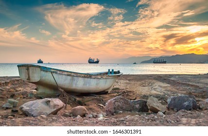 Abandoned Old Fishing Boat After Storm, Red Sea, Middle East