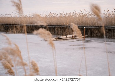 An abandoned old rowboat sinking in the icy lake amidst the reeds. - Powered by Shutterstock