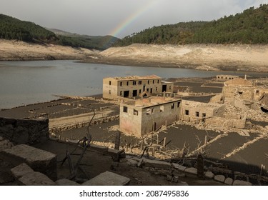 Abandoned old village of Aceredo, Galicia, Spain. Submerged since the construction of the Alto Lindoso dam in 1992, emerged due to the current drought in this region.