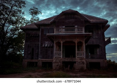 Abandoned Old Wood House On Twilight