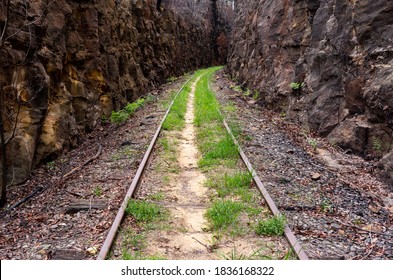 Abandoned and overgrown train tracks leading into a deep railway cutting - Powered by Shutterstock