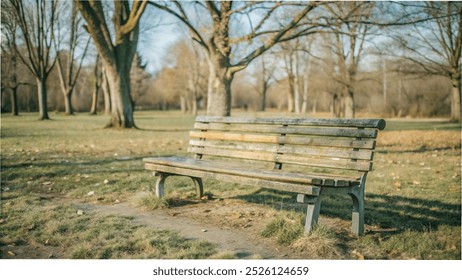 Abandoned park bench surrounded by trees and grass, evoking tranquility in an autumn or winter setting,An empty park bench in a tranquil setting,A solitary park bench amidst trees and grass. - Powered by Shutterstock