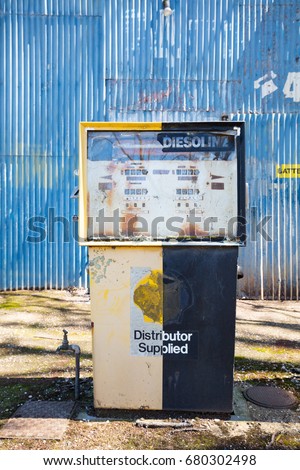 An abandoned petrol station and bowsers in Newstead, Victoria, Australia