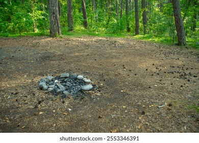 An abandoned place with an old fire pit. A campsite with a prepared fire pit in a forest camp. Old campfire. - Powered by Shutterstock