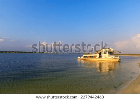 An abandoned  Power Catamaran boat, run aground, in Big Lagoon Pensacola, Florida.