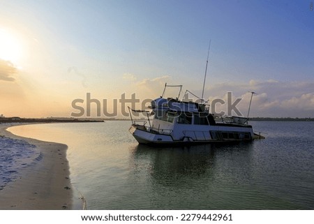 An abandoned  Power Catamaran boat, run aground, in Big Lagoon Pensacola, Florida.