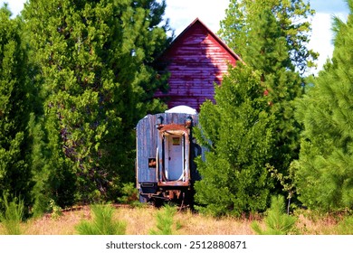 Abandoned rail car besides an Abandoned lumber mill building which has been vacated for many decades surrounded by an alpine coniferous forest taken in McCloud, CA  - Powered by Shutterstock