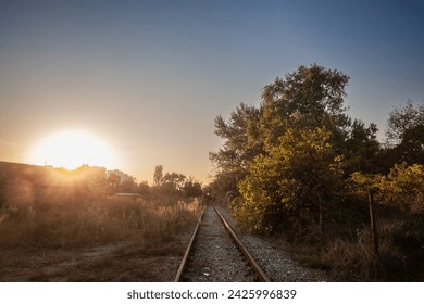 Abandoned railway track, on a defunct line in Serbia, Europe, rusty, surrounded by trees and a rural environment, during a sunny afternoon dusk. - Powered by Shutterstock