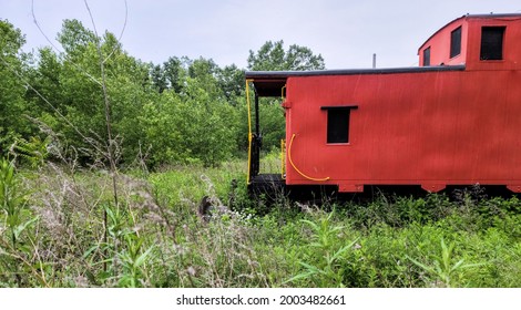 Abandoned Red Train Caboose In Green Field