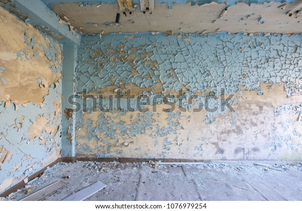 Abandoned Room Peeling Blue Paint On Interiors Stock Image