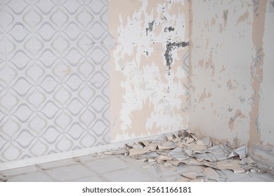 An abandoned room showed extensive damage with peeling paint on the walls and debris strewn across the floor. The space reflects neglect and decay over time. - Powered by Shutterstock