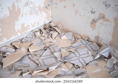 An abandoned room showed extensive damage with peeling paint on the walls and debris strewn across the floor. The space reflects neglect and decay over time. - Powered by Shutterstock